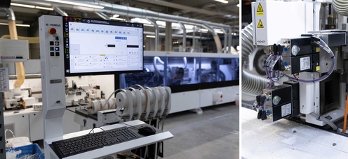 Die Echtzeitübertragung der Kantenhöhe und -breite des zu verarbeitenden Holzelements stößt die automatisierte Formatverstellung der Anlage mit Positioniersystemen der halstrup-walcher GmbH an.